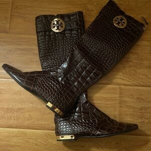 Tory Burch Dark Brown Croc-Embossed Boots with Gold Accents